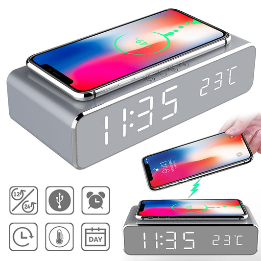 LED Electric Alarm Clock with Wireless Charger Desktop Digital Despertador Thermometer Clock HD Mirror Clock Watch Table Decor