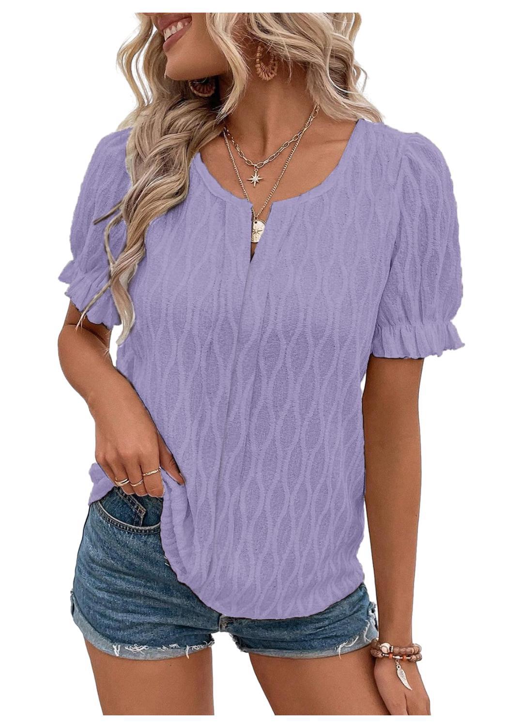 V-neck T-shirt Puff Sleeve Jacquard Women's Clothing