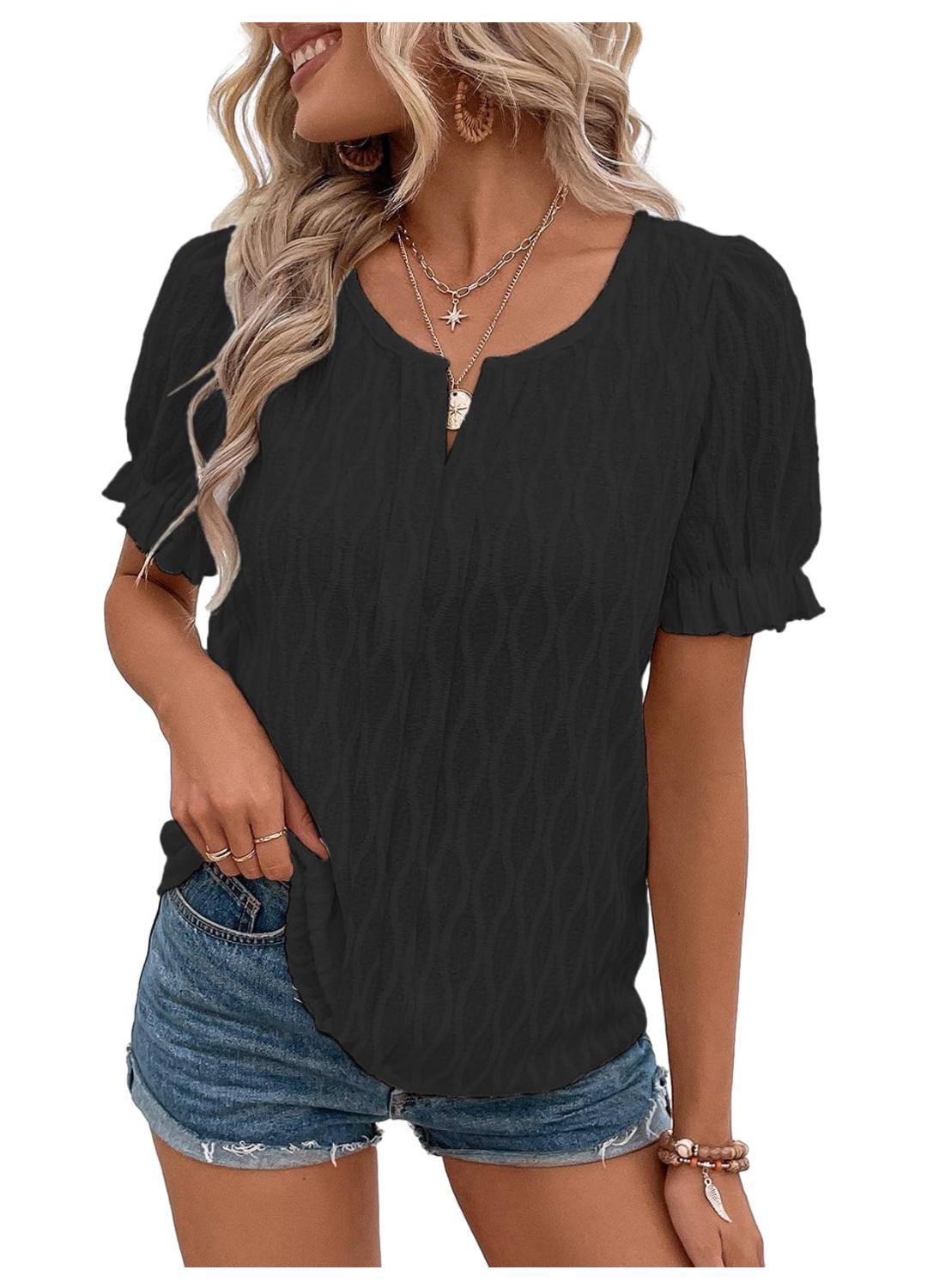 V-neck T-shirt Puff Sleeve Jacquard Women's Clothing