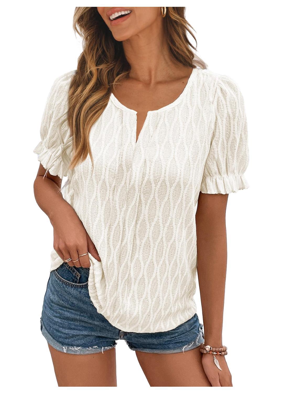 V-neck T-shirt Puff Sleeve Jacquard Women's Clothing