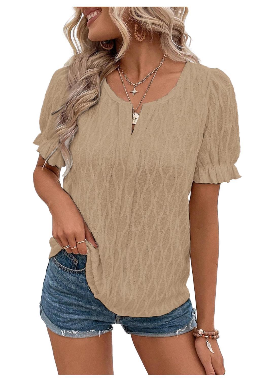 V-neck T-shirt Puff Sleeve Jacquard Women's Clothing